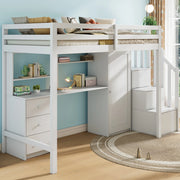 Letto a soppalco multifunzionale 90x200 cm con scrivania, armadio e cassetti, bianco