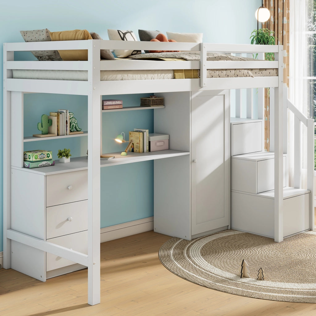 Letto a soppalco multifunzionale 90x200 cm con scrivania, armadio e cassetti, bianco