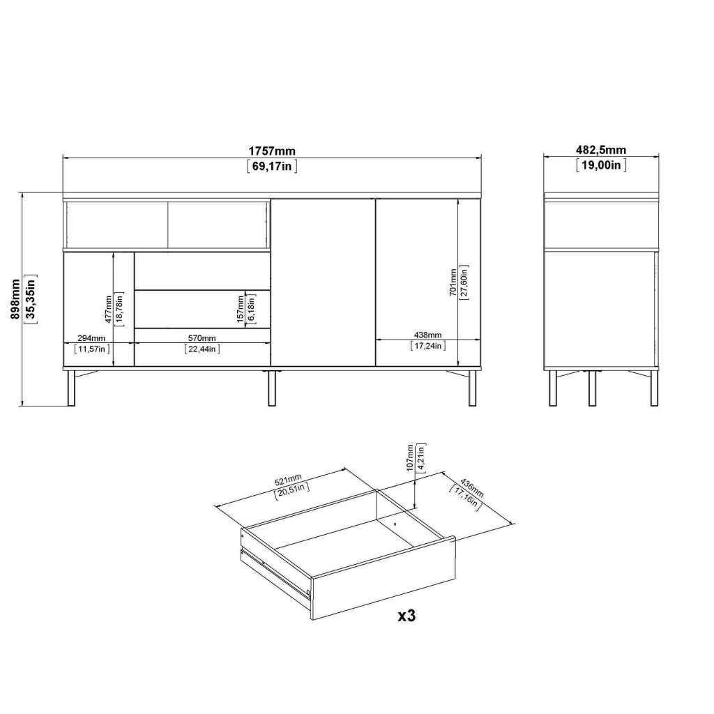 Credenza Julie, Buffet da soggiorno, Madia da salotto, Dispensa da cucina, 176x48 h90 cm, Bianco e Quercia