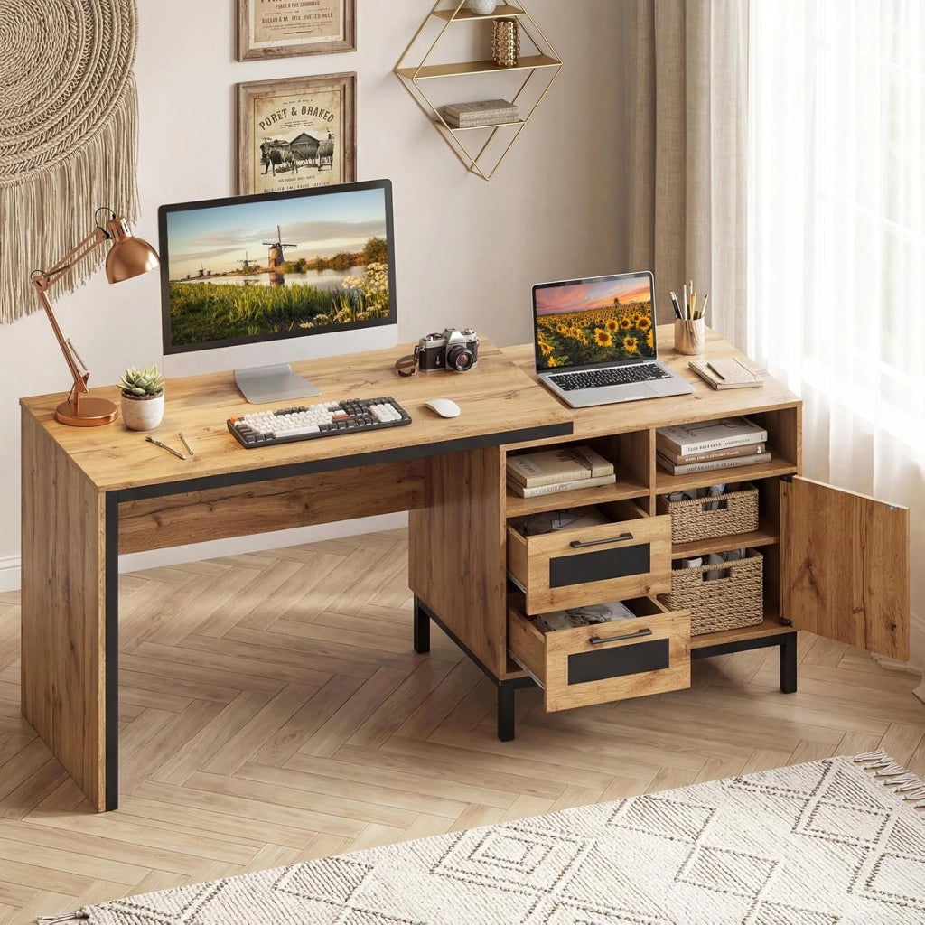 Scrivania per Computer, Scrivania Salvaspazio con Armadietto, 2 Cassetti, 2 Scomparti Aperti, Maniglie e Piedini Rialzati, Tavolo Porta PC da Casa e Uffico 181 x 60 x 76 cm