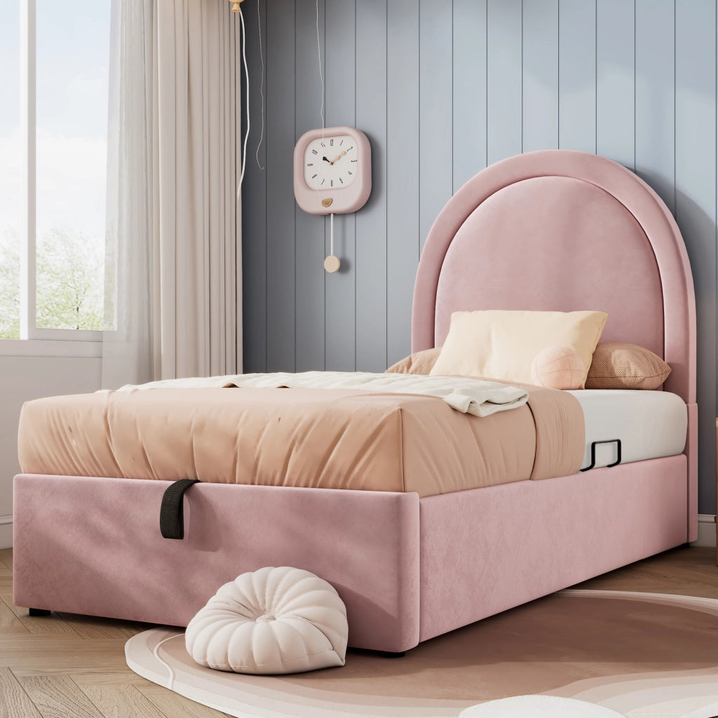 Letto singolo imbottito con contenitore e rete idraulica; 90 x 200 cm; velluto rosa