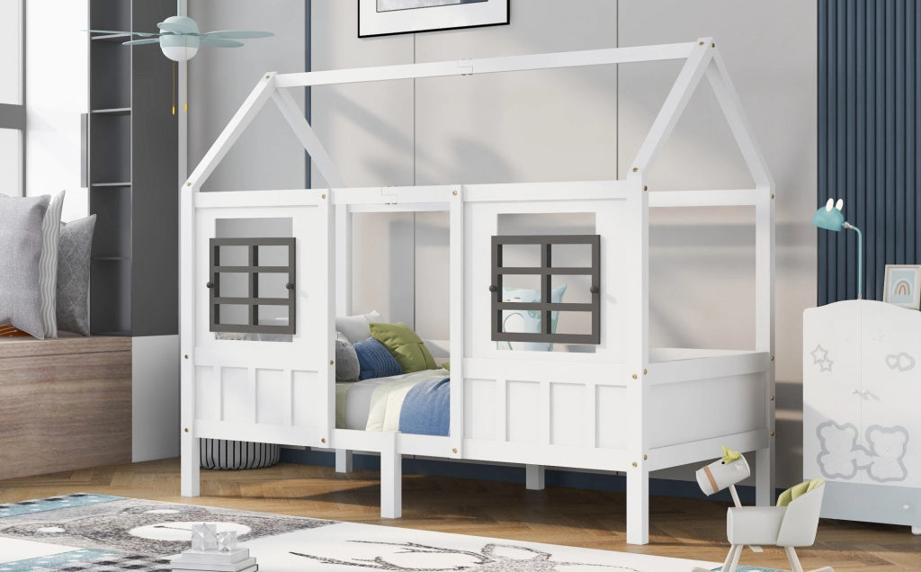 Letto a casetta con finestre e 2 cassetti 207x97x174 cm; struttura robusta in legno; bianco