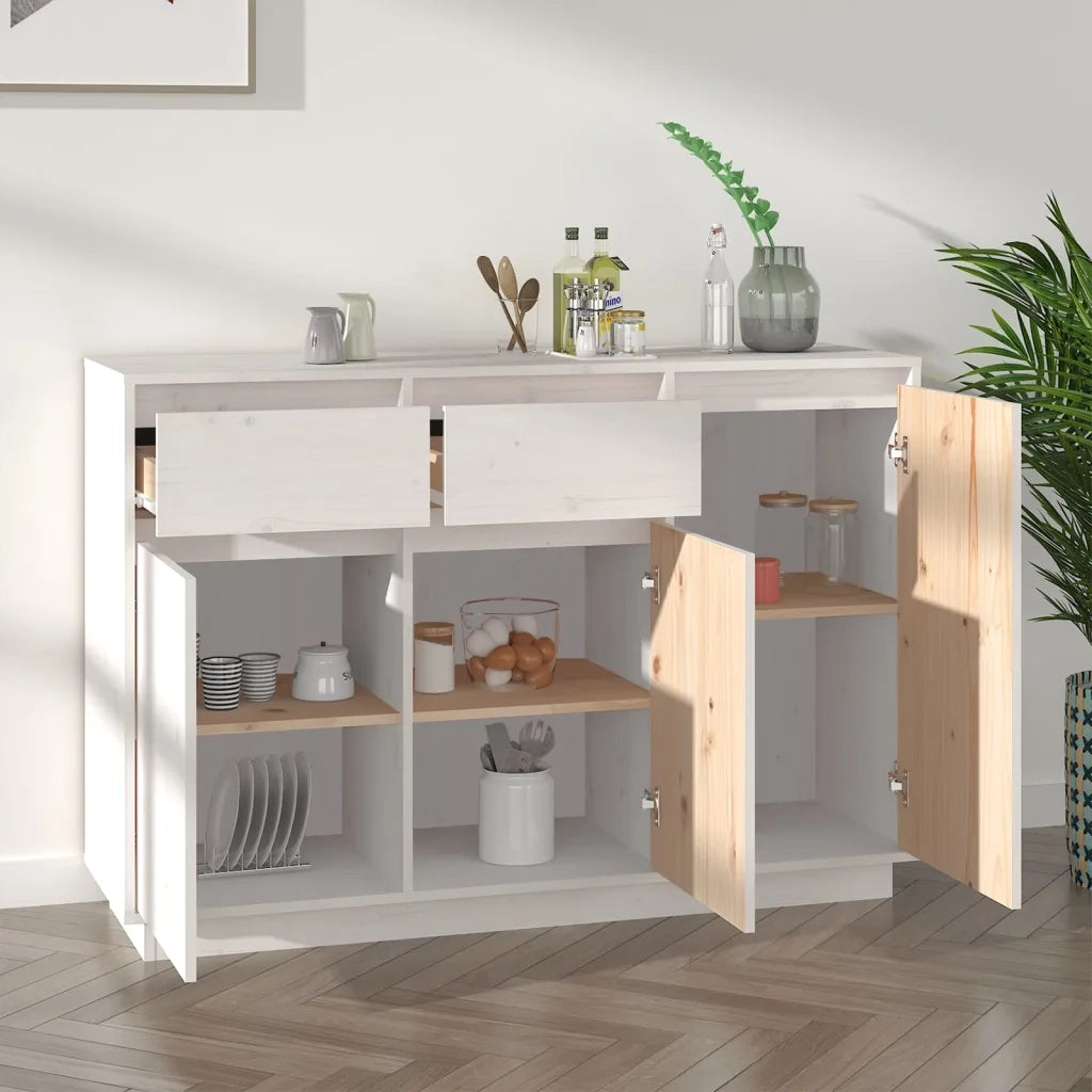 Credenza Bianca 110x34x75 cm in Legno Massello di Pino 814330