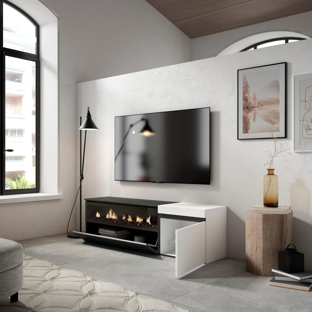 Mobile TV Soggiorno, 150x35x45cm, Per TV fino a 65", Camino elettrico, Bianco e nero RF2442