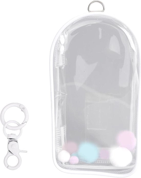 Displaytas per Poppe per uso all'aperto 19,5 x 10,5 cm - Displaytas trasparente per figurine - Accessori inclusi: pompon e catenella - Tas per poppe da portare (bianca)