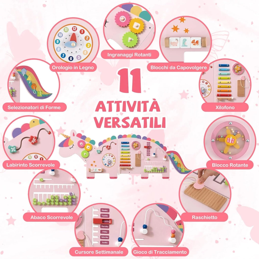Pannelli da Parete con attività, Busy Board 11 in 1 Montessori in Legno per Sviluppo Sensoriale, Centro di attività Educativo Montato a Parete per Stanza Giochi, Asilo Nido (Unicorno)