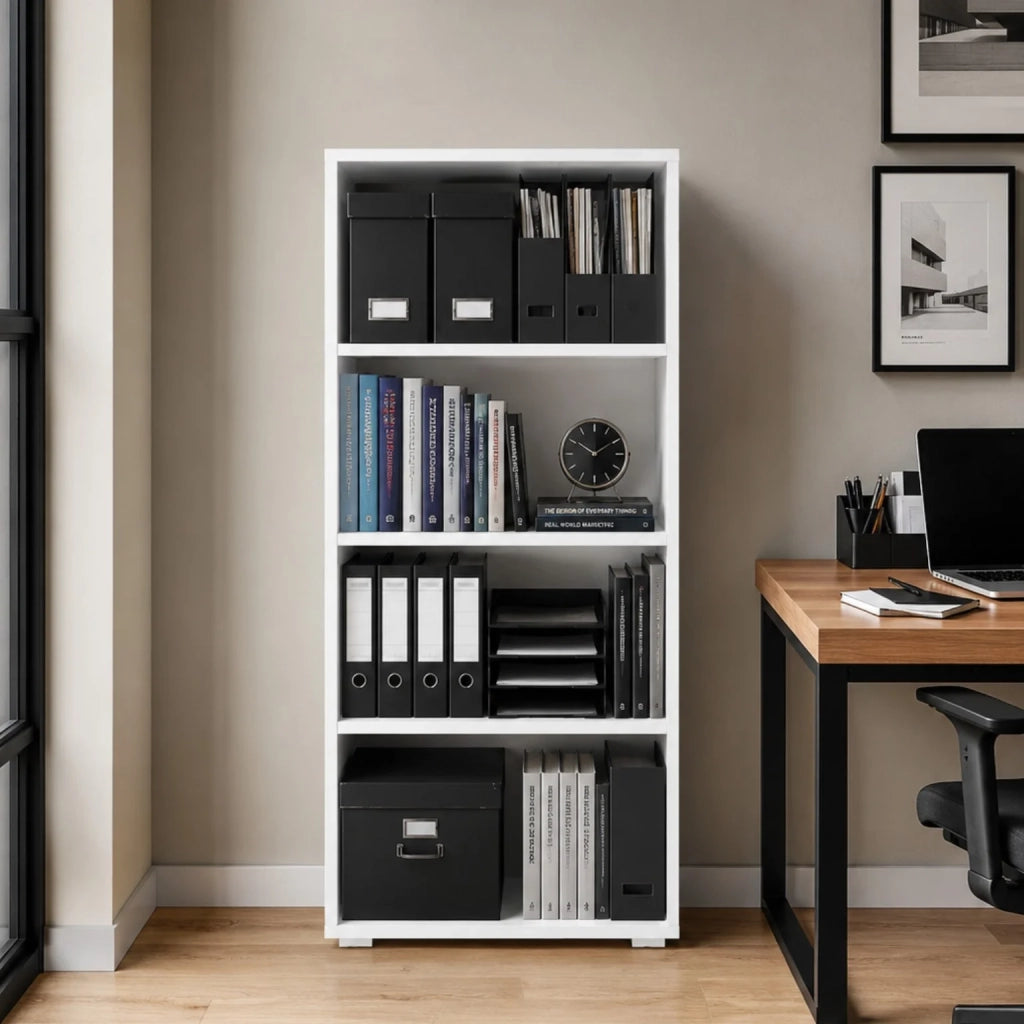 Libreria Bianca Salvaspazio con 3 Ripiani Regolabili | Scaffale Moderno Porta Libri e Raccoglitori | Mobile Libreria Verticale per Soggiorno, Ufficio e Studio 60x30x130 cm