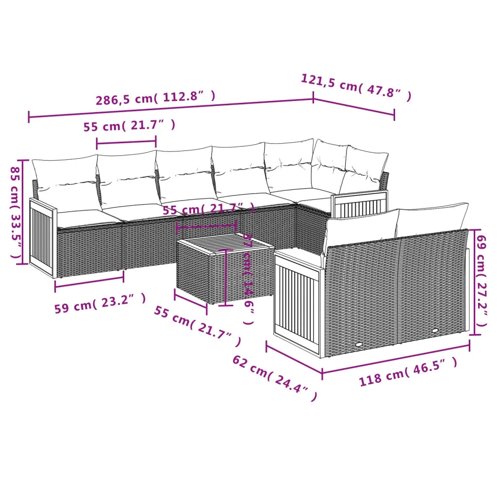 Set Divani da Giardino 9 pz con Cuscini Nero in Polyrattan 3260236