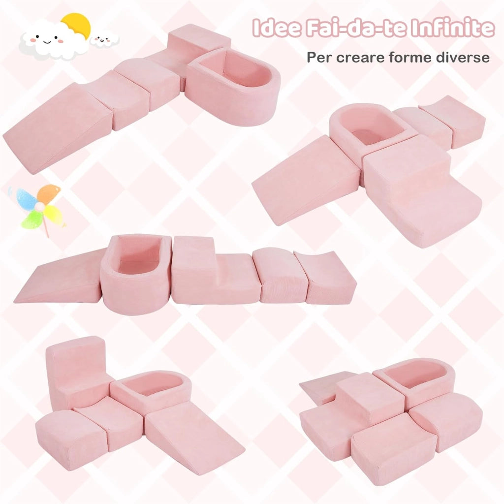 Blocchi da Arrampicata in Schiuma per Bambini, con Piscina di Palline, Set di 5 Pezzi per Arrampicata e Strisciamento, Set da Gioco da Interno per Bambini 3 Anni+ (Rosa,Velluto a coste)