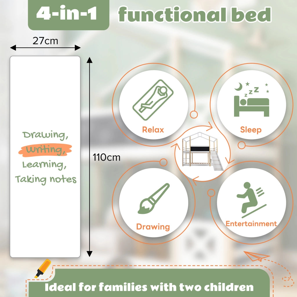 Letto a soppalco per bambini con scala e scivolo 90x200 cm in legno massello bianco