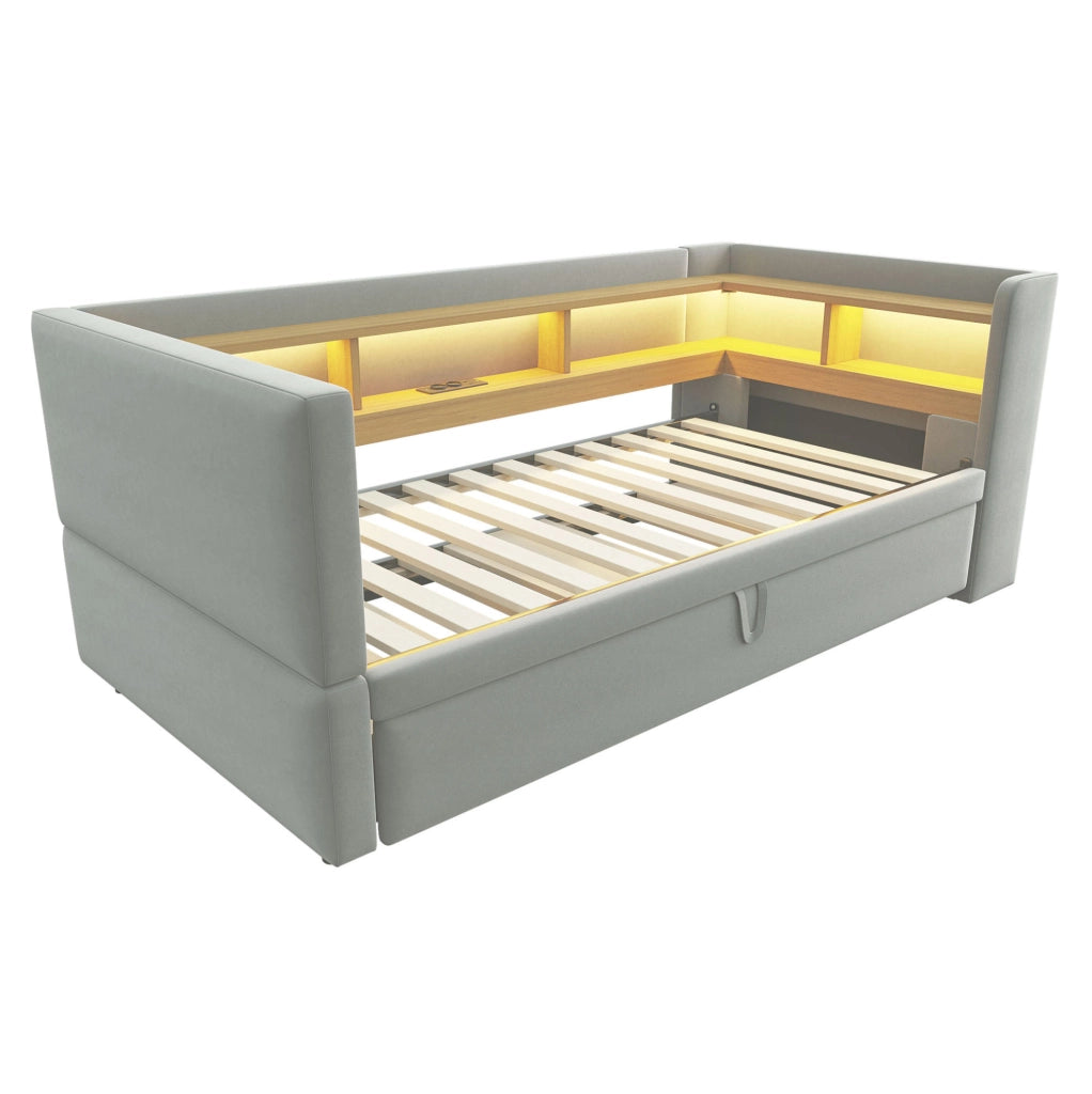 Divano letto 90/180 x 190 cm; con vani portaoggetti; Flanella; Grigio chiaro
