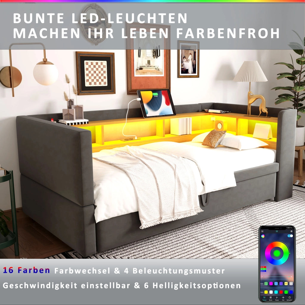 DIVANO LETTO 90/180x190 cm in flanella grigio scuro con LED e prese