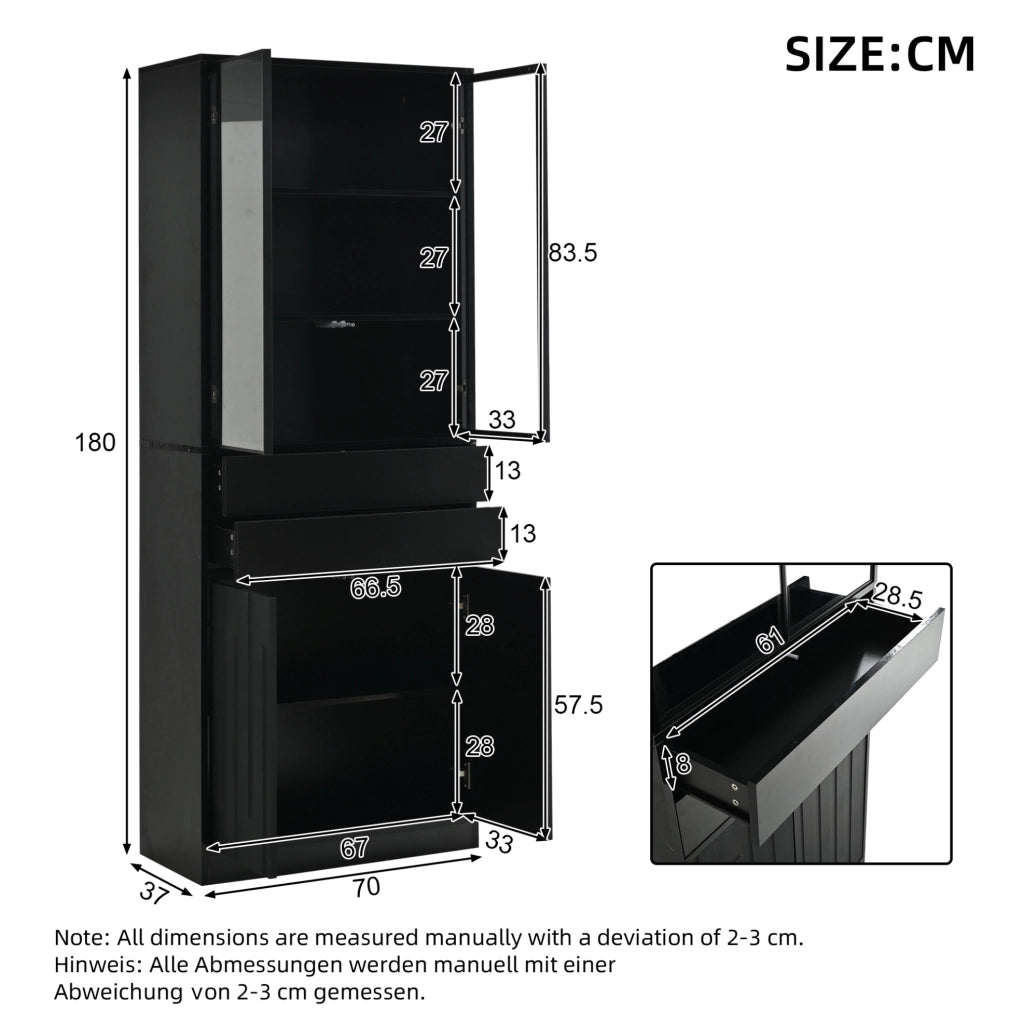 Vetrina alta LED 70x34x180 cm con 2 cassetti; ante in vetro; nero