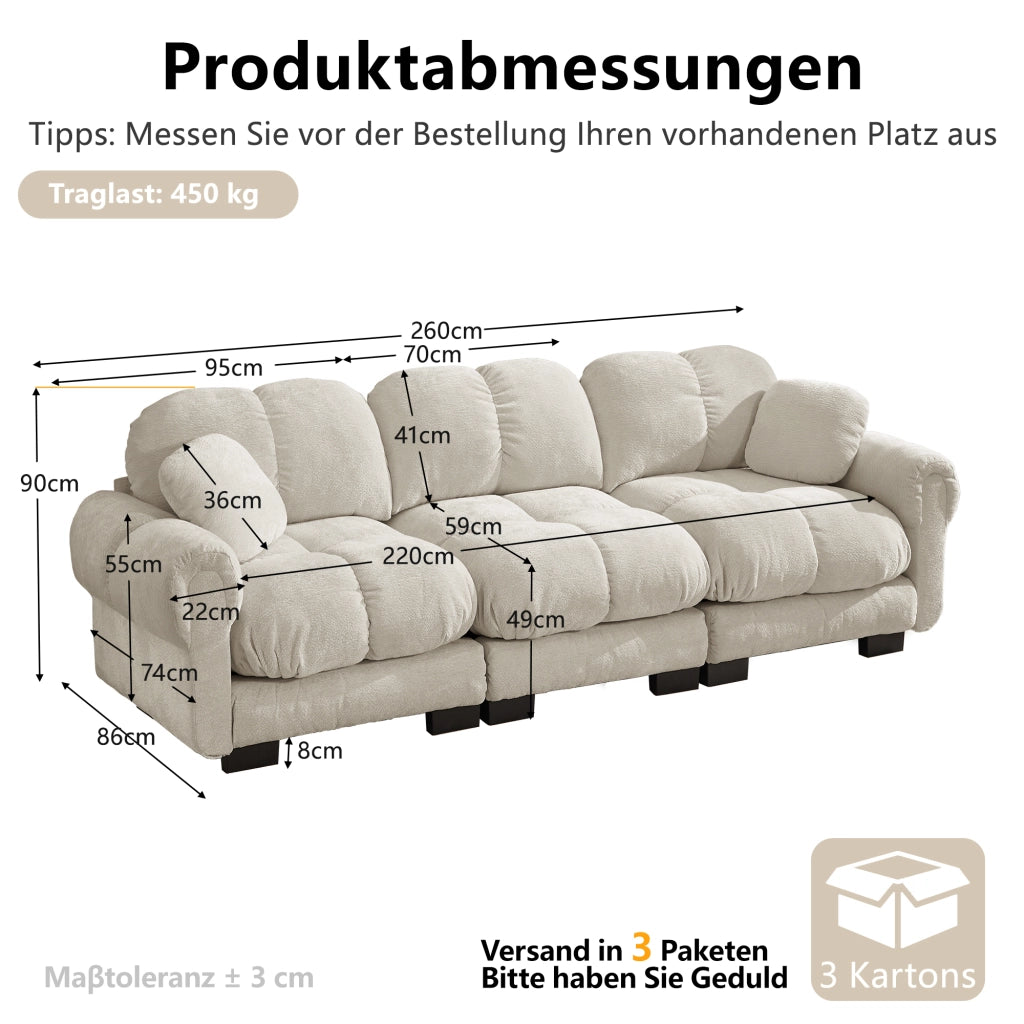 Divano modulare con cuciture trapuntate e cuscini spessi per soggiorno in chenille grigio chiaro 260 × 86 × 90 cm