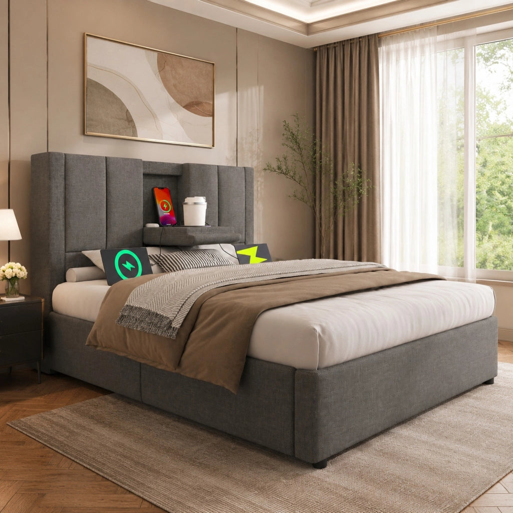 Letto imbottito 90x200 cm con portabicchiere nascosto e stazione di ricarica, contenitore idraulico, grigio