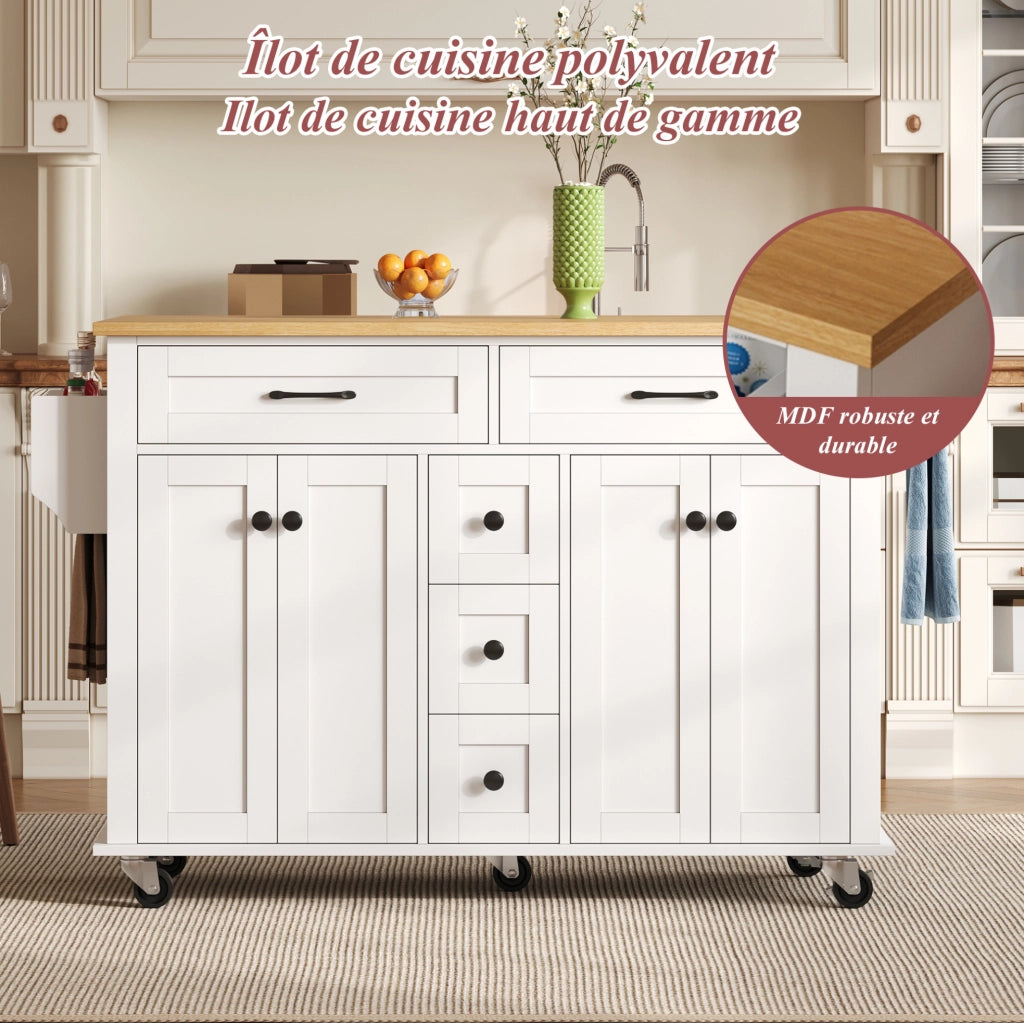 Carrello da cucina multifunzione con piano ribaltabile 140x40(65) cm in MDF bianco e naturale