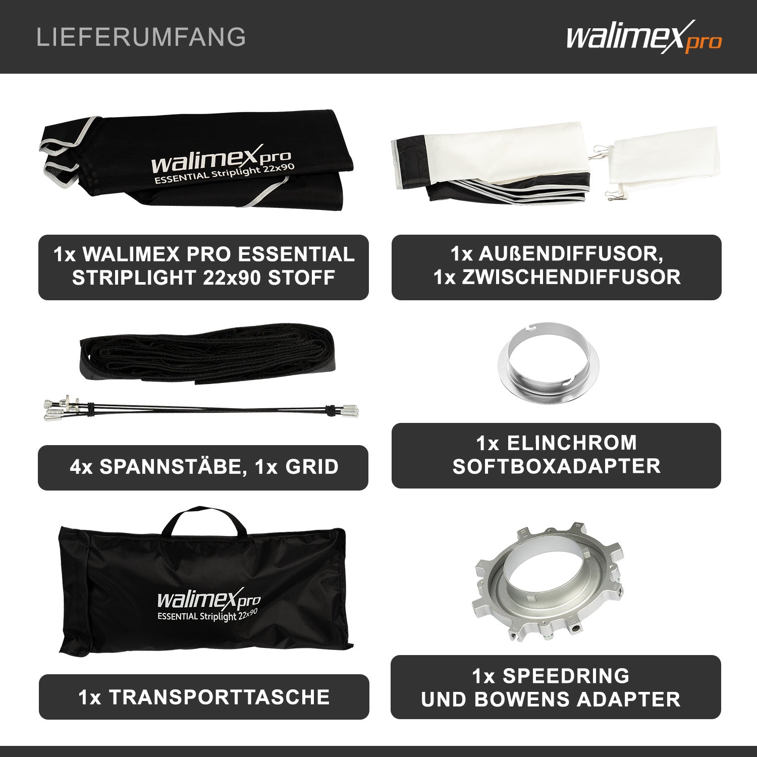 Essential Striplight Softbox 22x90cm + adattatore softbox per Elinchrom (diametro esterno: 15,2 cm), ruotabile a 360°, facile da montare, griglia inclusa, adattatore Bowens e borsa