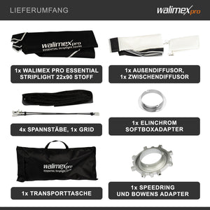 Essential Striplight Softbox 22x90cm + adattatore softbox per Elinchrom (diametro esterno: 15,2 cm), ruotabile a 360°, facile da montare, griglia inclusa, adattatore Bowens e borsa