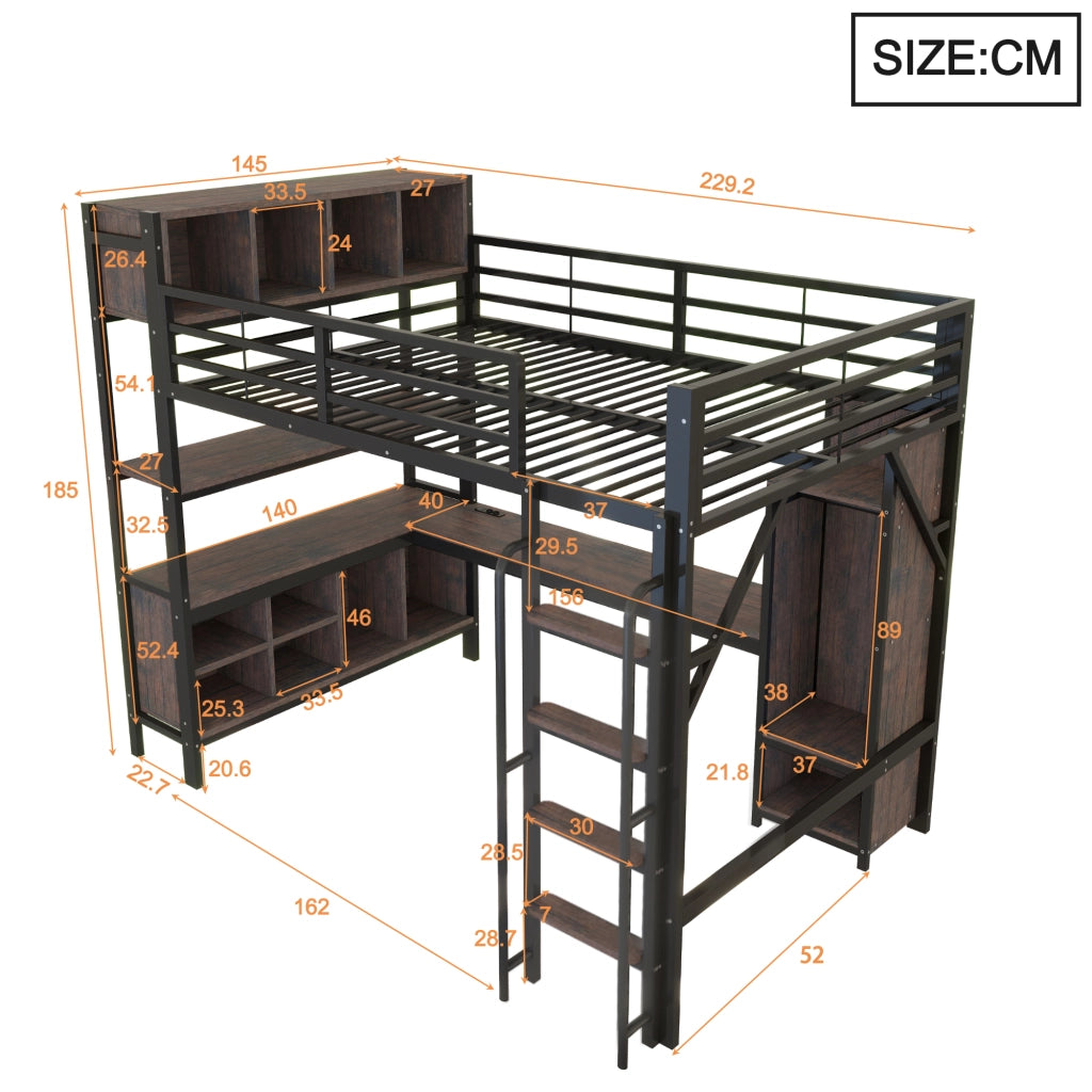 Letto a soppalco multifunzionale 140 x 200 cm con scrivania, armadietto, ripiani, LED e prese UE, nero