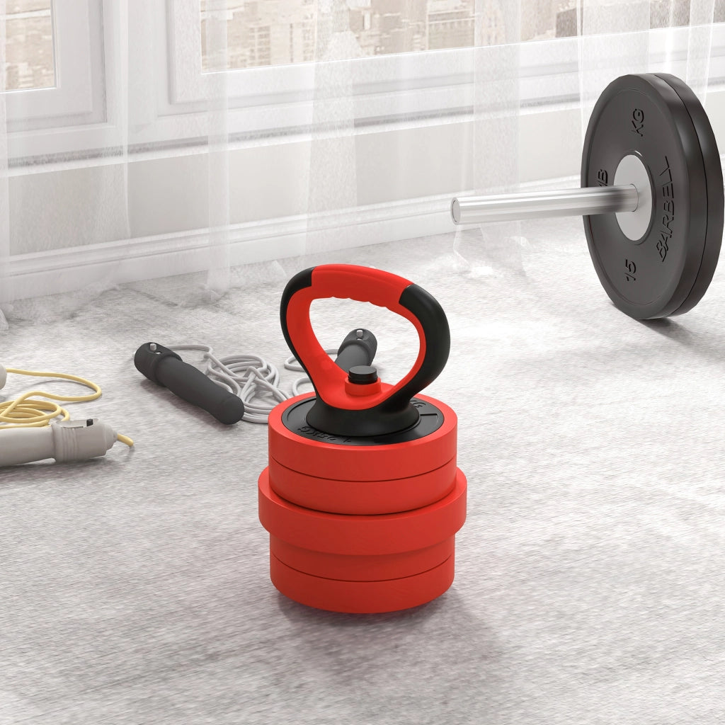 Set Pesi da Palestra 4 in 1 da 30kg, Convertibile in Kettlebell, 2 Manubri, Bilanciere e Supporto Flessioni, Rosso