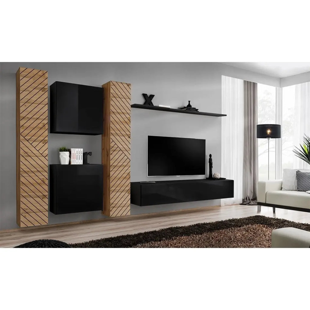 Set di mobili da salotto design SWITCH VI. Colori quercia e nero, finitura quercia con effetto fresato e nero lucido.