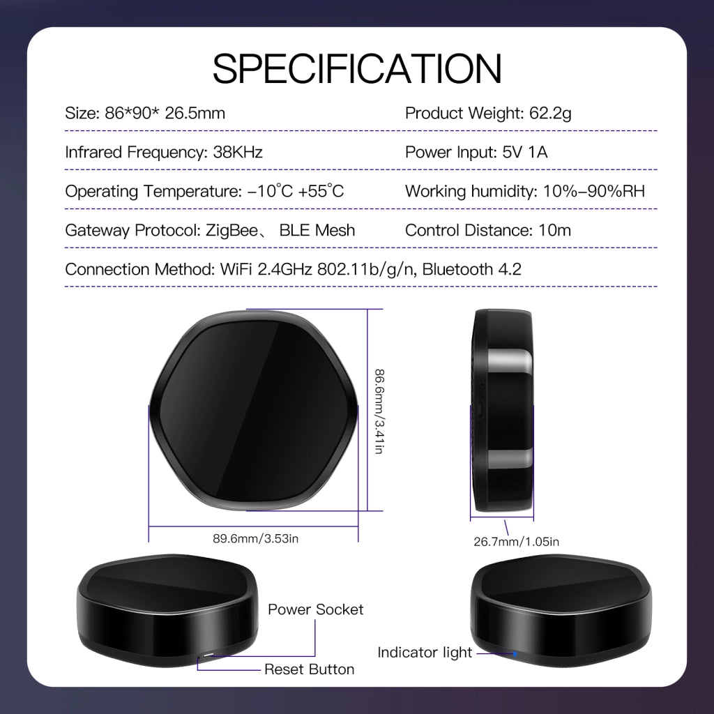 Gateway ZigBee Bluetooth BLE Mesh IR Infrarossi ZigBee 3.0,Bluetooth BLE Mesh,IR TUYA, Smart Life 1A 5V IP20