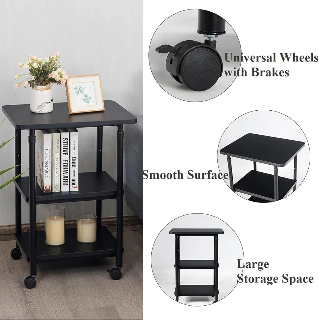 Carrello Supporto per Stampante, Scaffale Portaoggetti con Ruote, a 3 Ripiani, Ruote con Freni, Altezza Regolabile, Portata di 50 kg per Ogni Piano, 49x40x67-77 kg