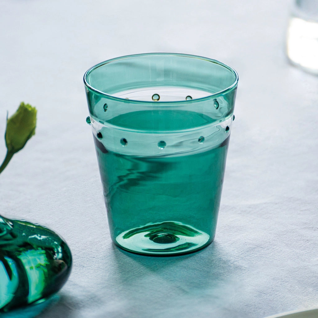 Zafferano Set 4 Bicchieri Tumbler A Pallini in Vetro Borosilicato Soffiato a Mano Colore Verde Lago Design Artigianale Muranese Elegante e Pratico
