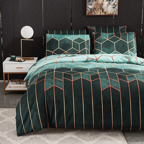 Duvetino in microvezel con zip e un cuscino 80 x 80 cm, dimensioni 155 x 220 cm, colore verde, disegno geometrico, reversibile, stile moderno, con inserto in marmo.