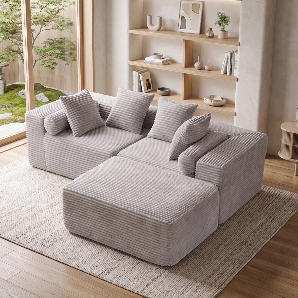 Divano modulare angolare con chaise longue senza montaggio in schiuma e molle grigio per soggiorno e appartamenti