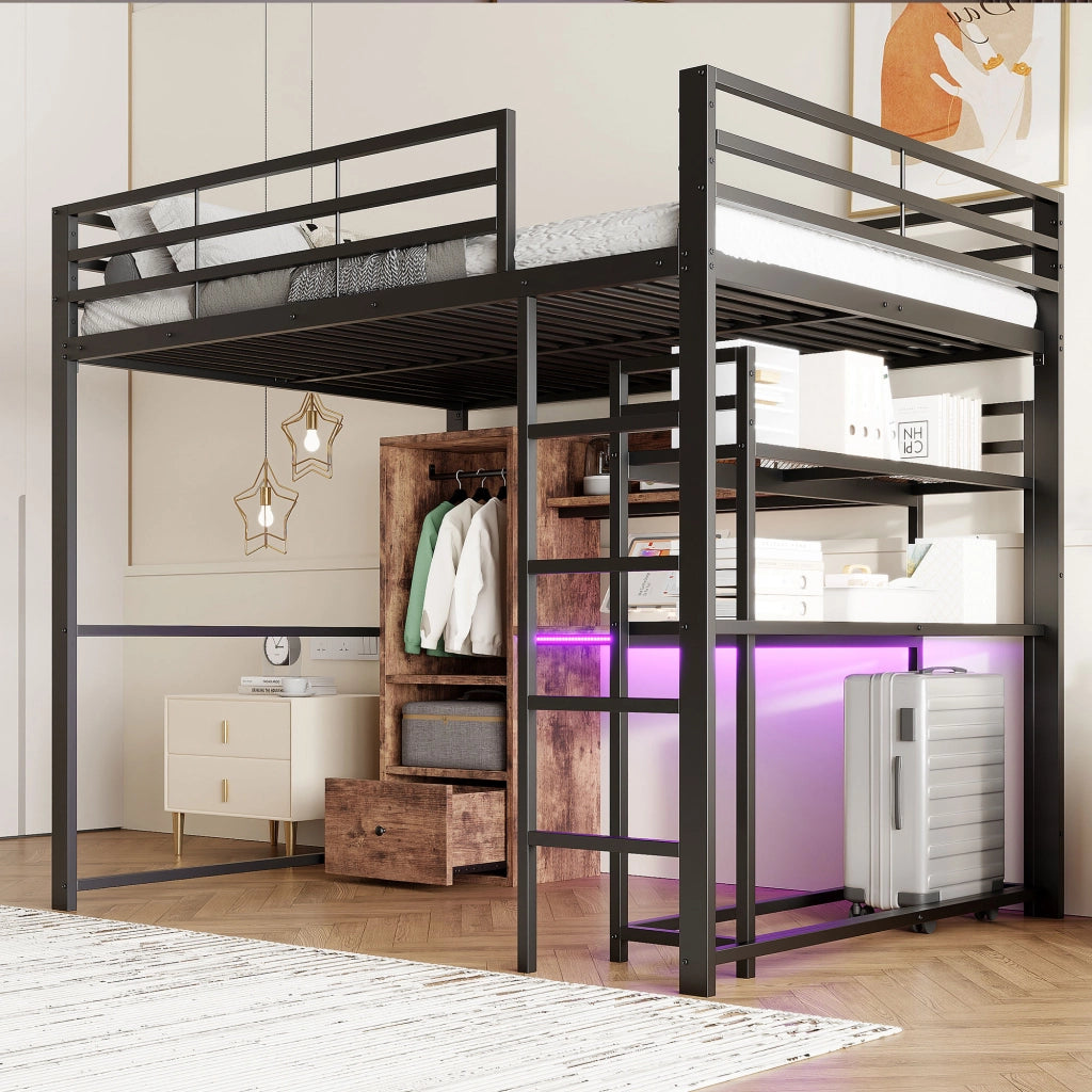 Letto a castello nero in metallo e MDF con illuminazione LED scrivania e cassetti 140x200 cm