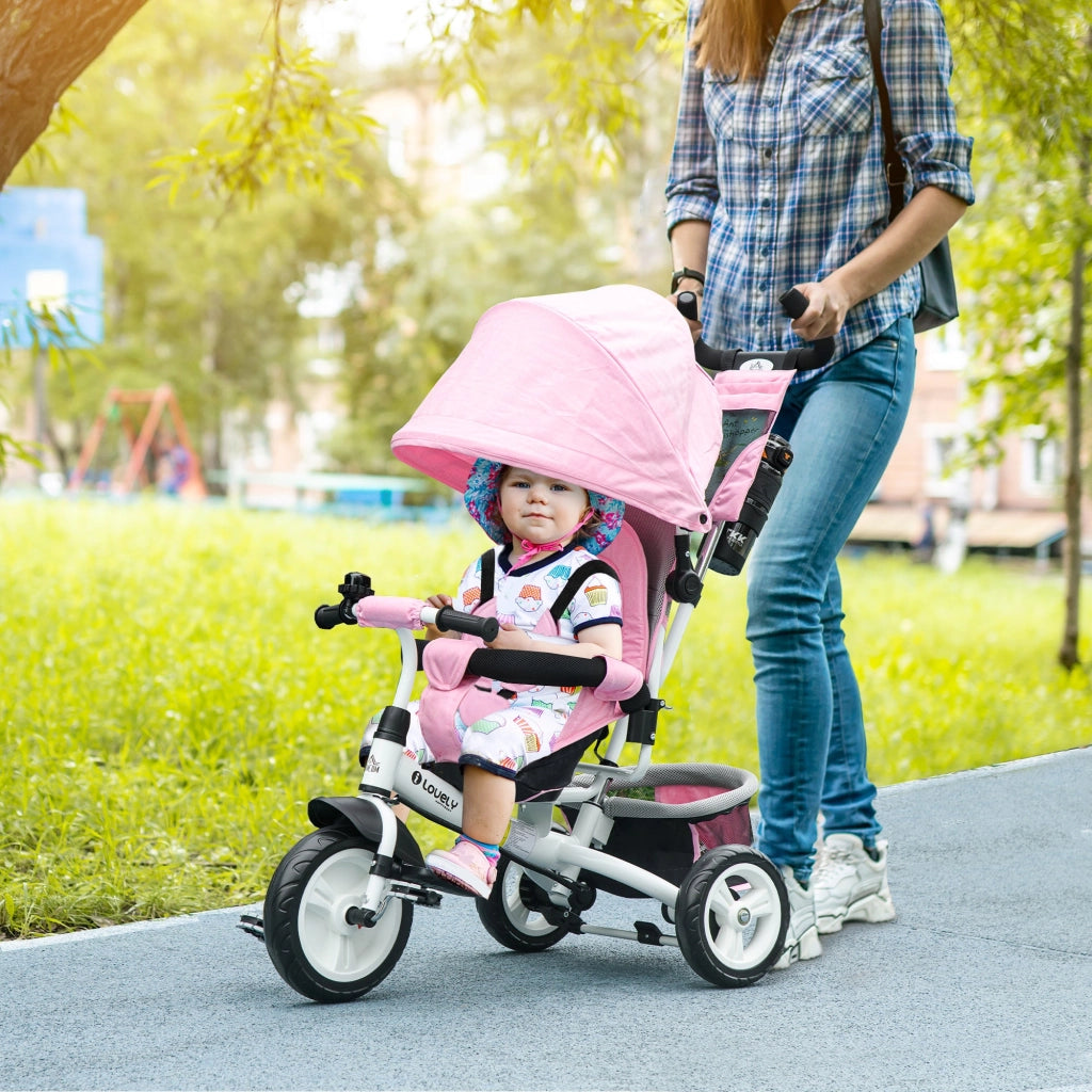Triciclo per Bambini 1-5 Anni 102x49x102 cm con Maniglione e Tettuccio Regolabile Bianco e Rosa