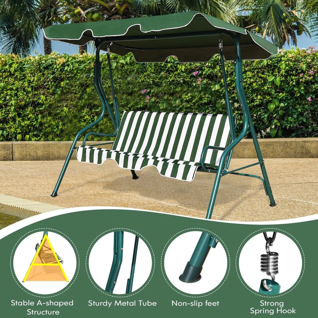Dondolo da Giardino 3 Posti, Dondolo da Esterno in Metallo con Tetto Parasole Regolabile e Schienale, Dondolo da Balcone, per Patio, Terrazzo, Balcone, 172 x 110 x 154 cm (Verde)