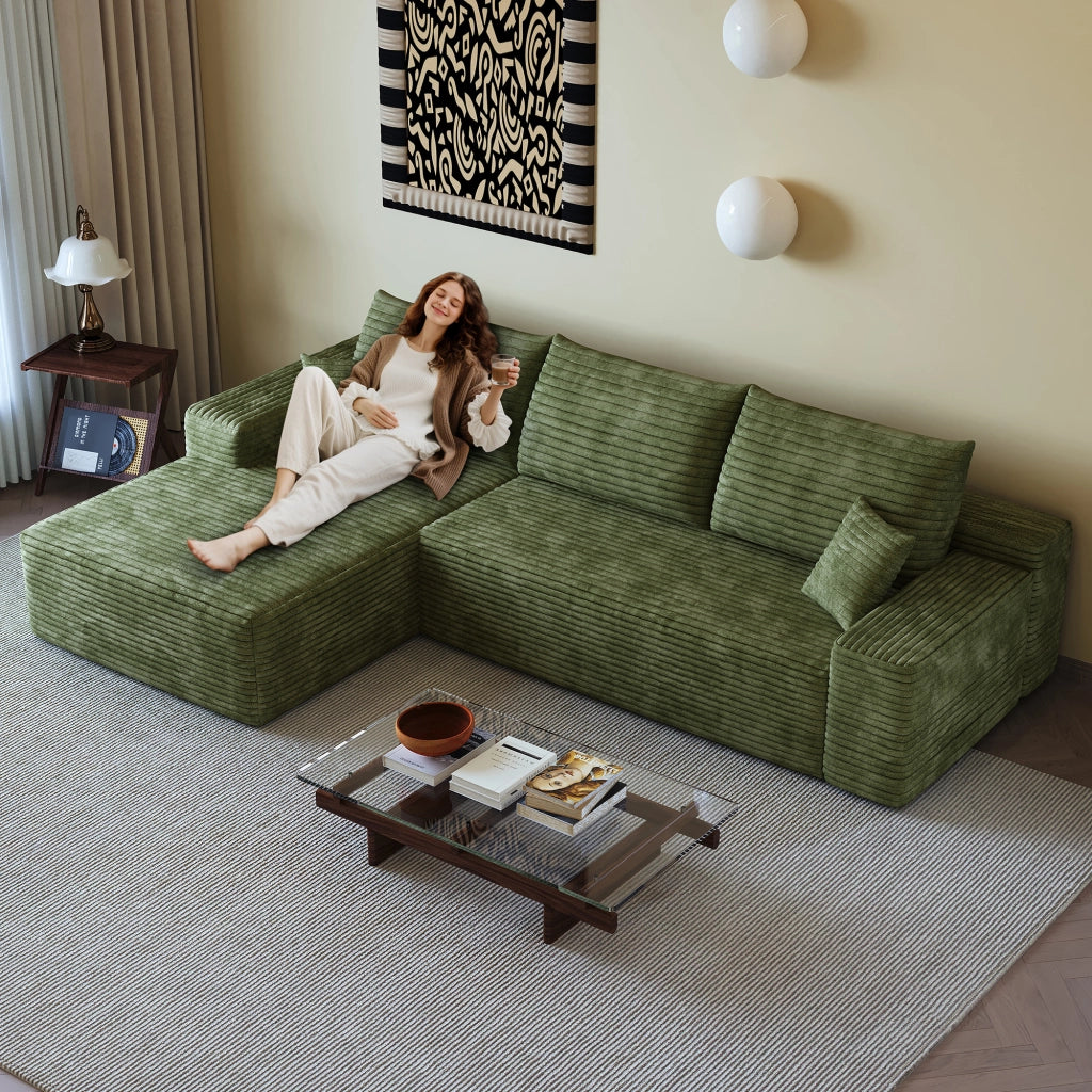 Divano ad angolo modulare con chaise longue a L e schiuma elastica, senza montaggio, in tessuto a coste verde 270 cm