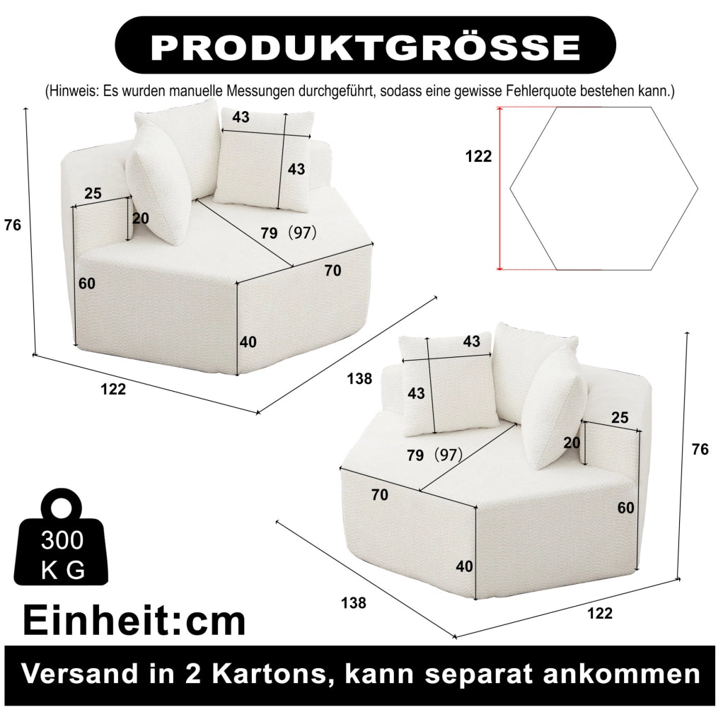 Poltrona lounge modulare esagonale beige in ciniglia con tre cuscini