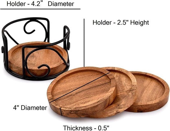 Set di Sostegni in Legno di Acacia da 4 con Supporto in Acciaio per Tazze, Bicchieri, Ciotole e Coppe per Tavolo (10 x 10 x 1.2 cm)