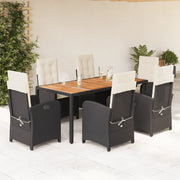 Set da Pranzo da Giardino 7 pz Nero con Cuscini in Polyrattan