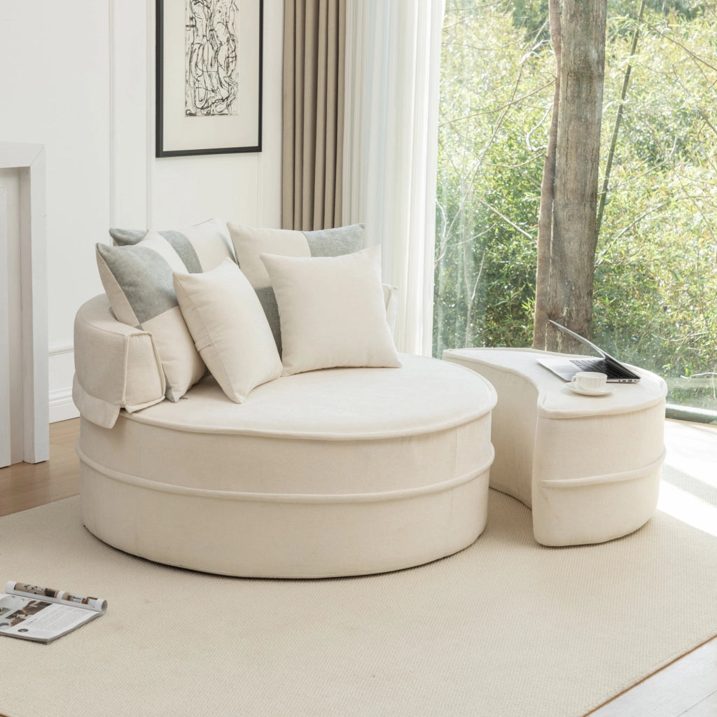 Sedia lounge rotonda senza montaggio con 5 cuscini e ottomana in schiuma beige per soggiorno 121 × 107 cm