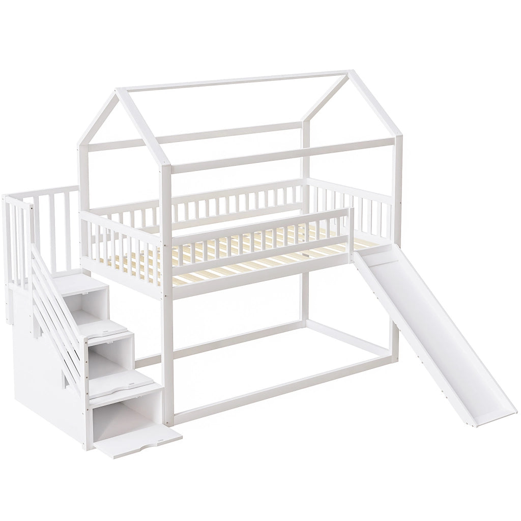 Letto a soppalco per bambini 90x200 cm con scivolo e scala contenitore