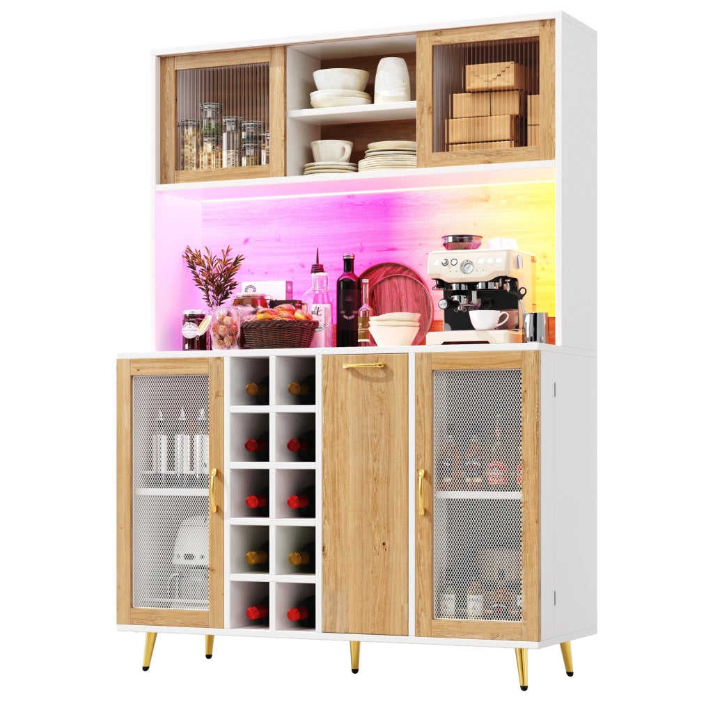 Credenza con illuminazione LED; portabottiglie e presa integrata in MDF bianco e naturale