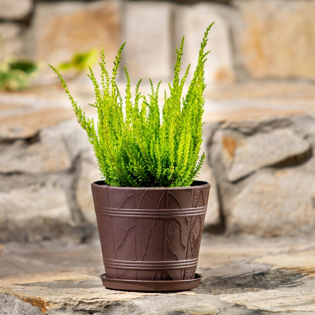 Vaso da fiori KADAX da 17 cm con coperchio effetto legno e supporto in plastica.
