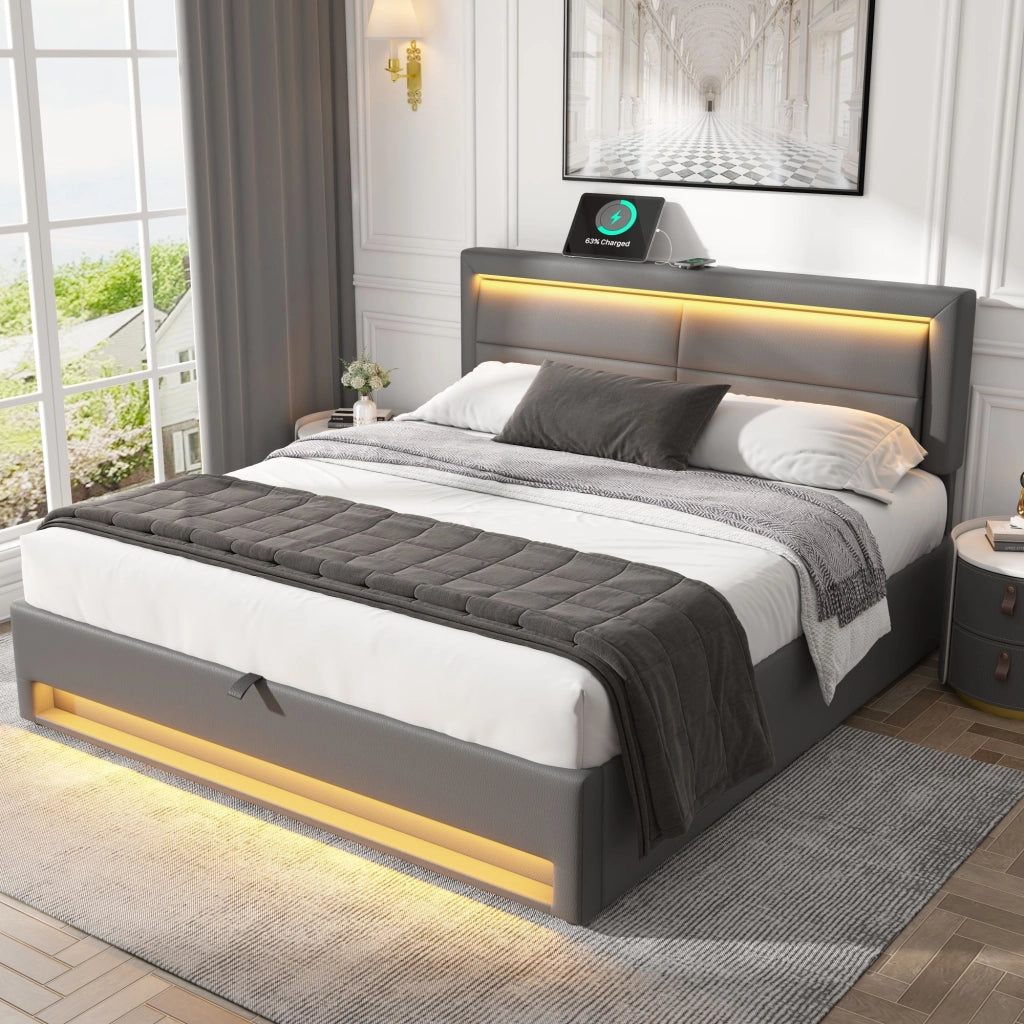 Letti contenitori 140x190 cm USB e LED con contenitore PU grigio (Senza materasso)