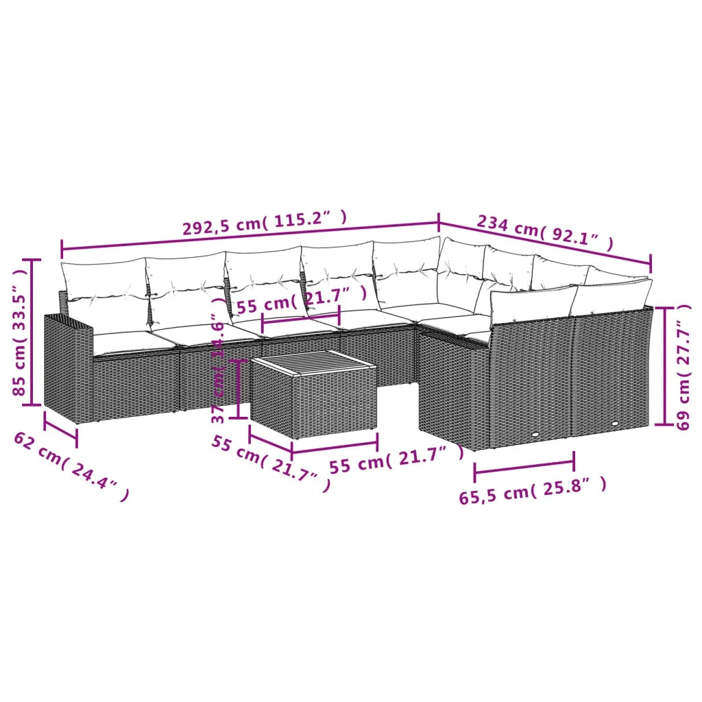 Set Divano da Giardino 10 pz con Cuscini Beige in Polyrattan 3224281