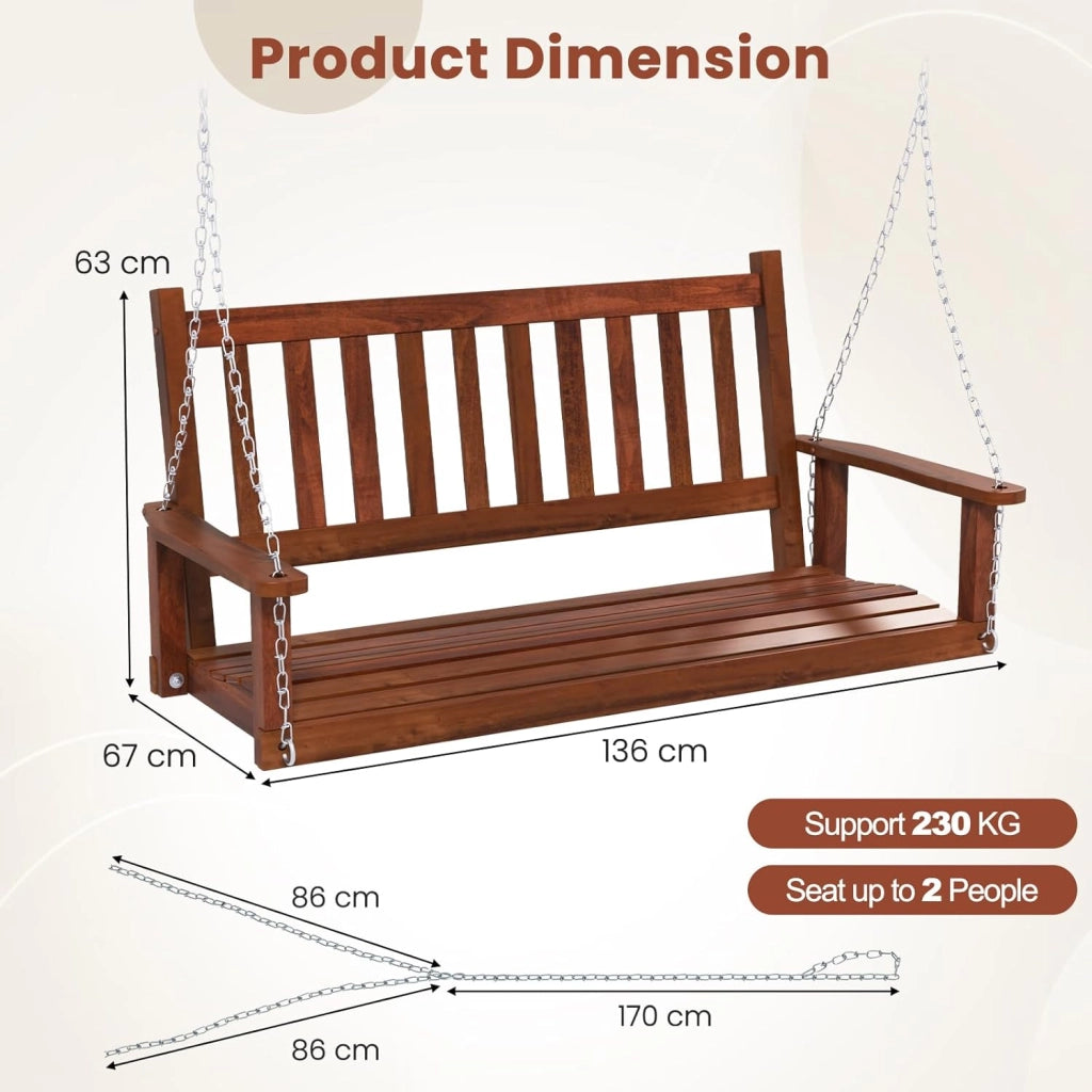 Panca sospesa in legno di pioppo, 2-3 posti, con catene in metallo regolabili, sedia sospesa con schienale in doghe, altalena Hollywood per giardino (marrone, 136 x 67 x 63 cm)