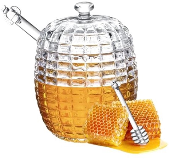 Honig contenitore in vetro con 1 cucchiaio, contenitore per miele, cucchiaio per miele e set per contenitore, dispenser per miele in vetro, contenitore per miele artigianale a forma di alveare con cucchiaio (255 ml)