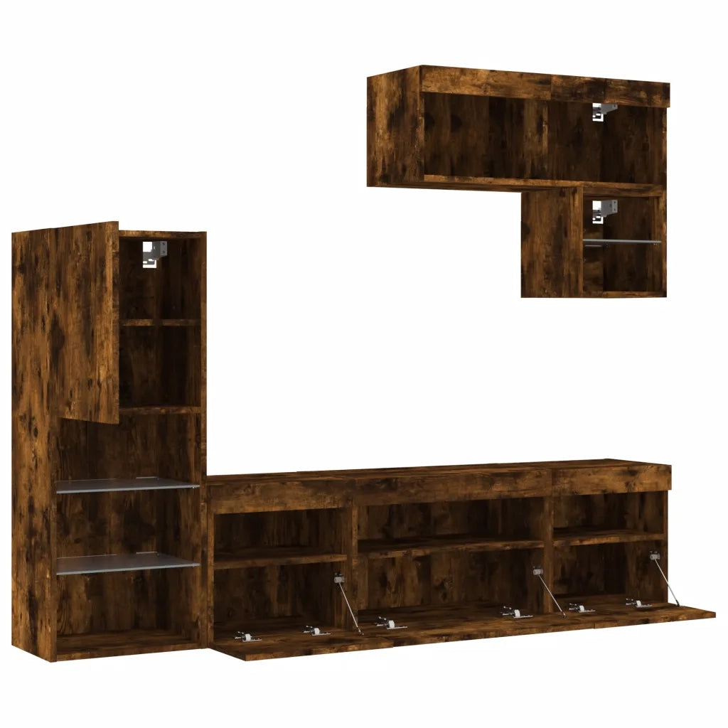 vidaXL Mobili TV a Muro con LED 6pz Rovere Fumo in Legno Multistrato
