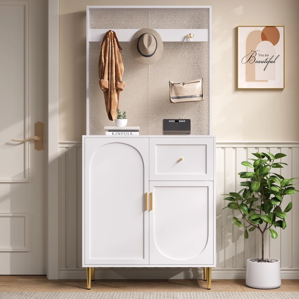 Mobile d'Ingresso con 1 Anta; 1 Cassetto e Ganci; Ripiani Regolabili; Stile Moderno; in MDF; 80??35??175;5 cm; Bianco