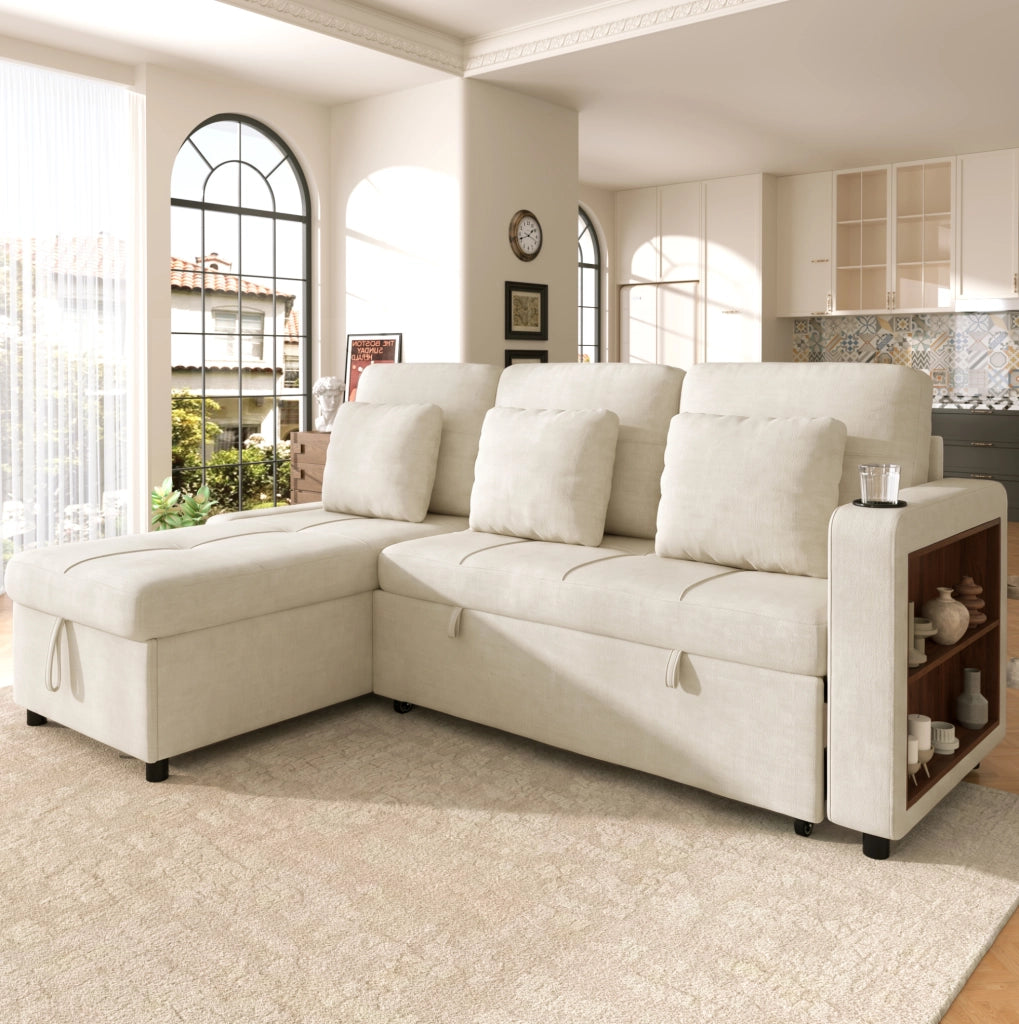 DIVANO LETTO 3 Posti Estraibile con Récamiere e Contenitore in Chenille Beige Chiaro