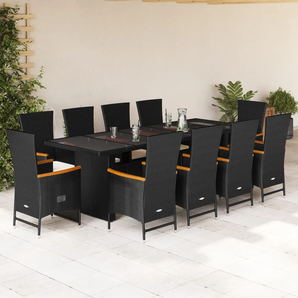 Set da Pranzo da Giardino 11 pz con Cuscini in Polyrattan Nero