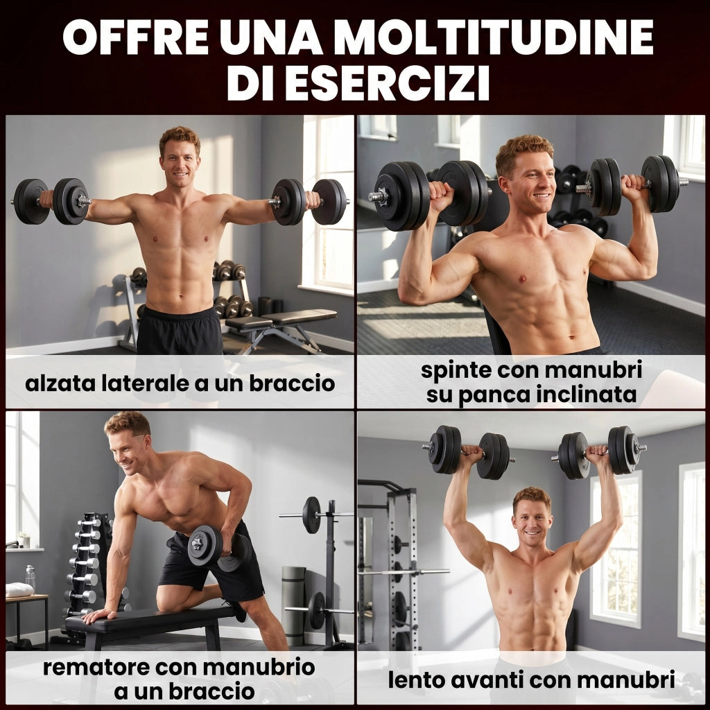 Set 12 Manubri Palestra da 50kg (8x5kg. 4x1.5kg). in Acciaio e Plastica PE. Nero
